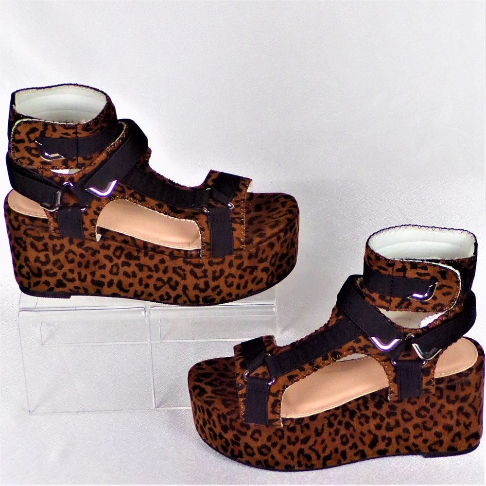 AMS size 6 EMMA-28 brown/black leopard-spotted wedge-heel platform sandals